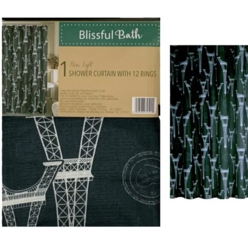 Blissful Bath Paris Shower Curtain Fabric Paris Eiffel Tower Hooks Black White